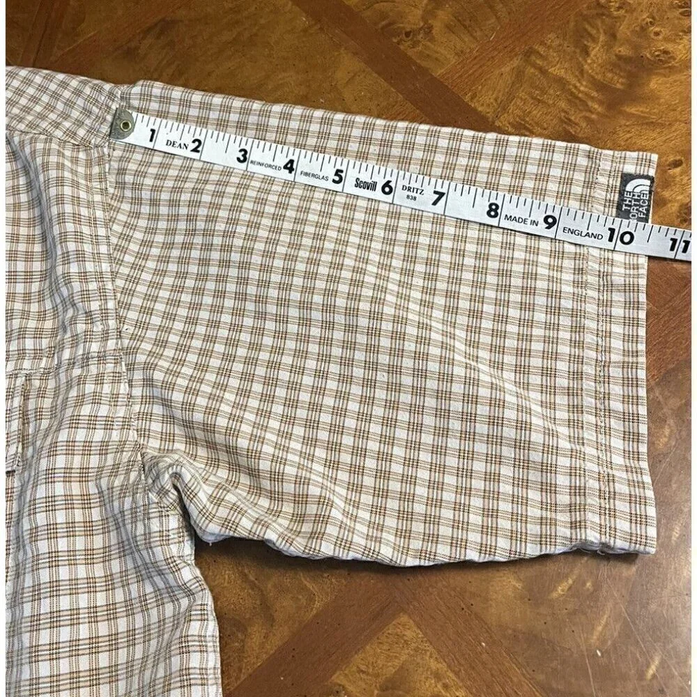 The North Face Short Sleeve Beige Plaid Shirt Hook & Loop Zip Pockets Men's Sz M